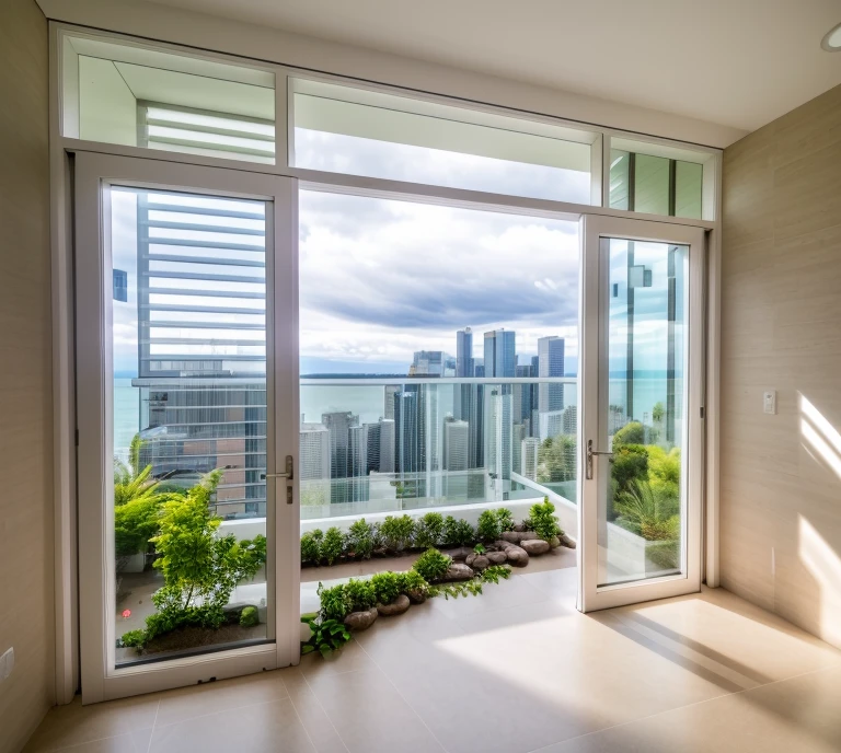 balcony, view city, day light, sky, cloud, details plant, plant around, small trees, grass, stone on the floor, white, stone, rock, wood floor, metal door, white concrete wall, photo realistic, high quality, sharper,  high-end, realistic photography, sharp, unique details, award-winning photography, Canon EOS 5D DSLR Mark IV, f/ 6, ISO 100, 1/ 250 sec, best quality, super high resolution,