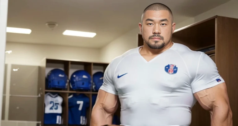 (football uniform:1.5), (inside club locker room:1.2), Japanese man, Chinese man, Korean man, Taiwanese man, manly face, (round face:1.2), (monolid eyes:1.2), (buzz cut:1.4), very large and strong body, (bulging muscles:1.3), (very large pectoral muscles:1.3), (muscular arms:1.3), muscular abs, muscular legs, muscular back, brightens oily skin, master piece, realistic, panorama, distant view