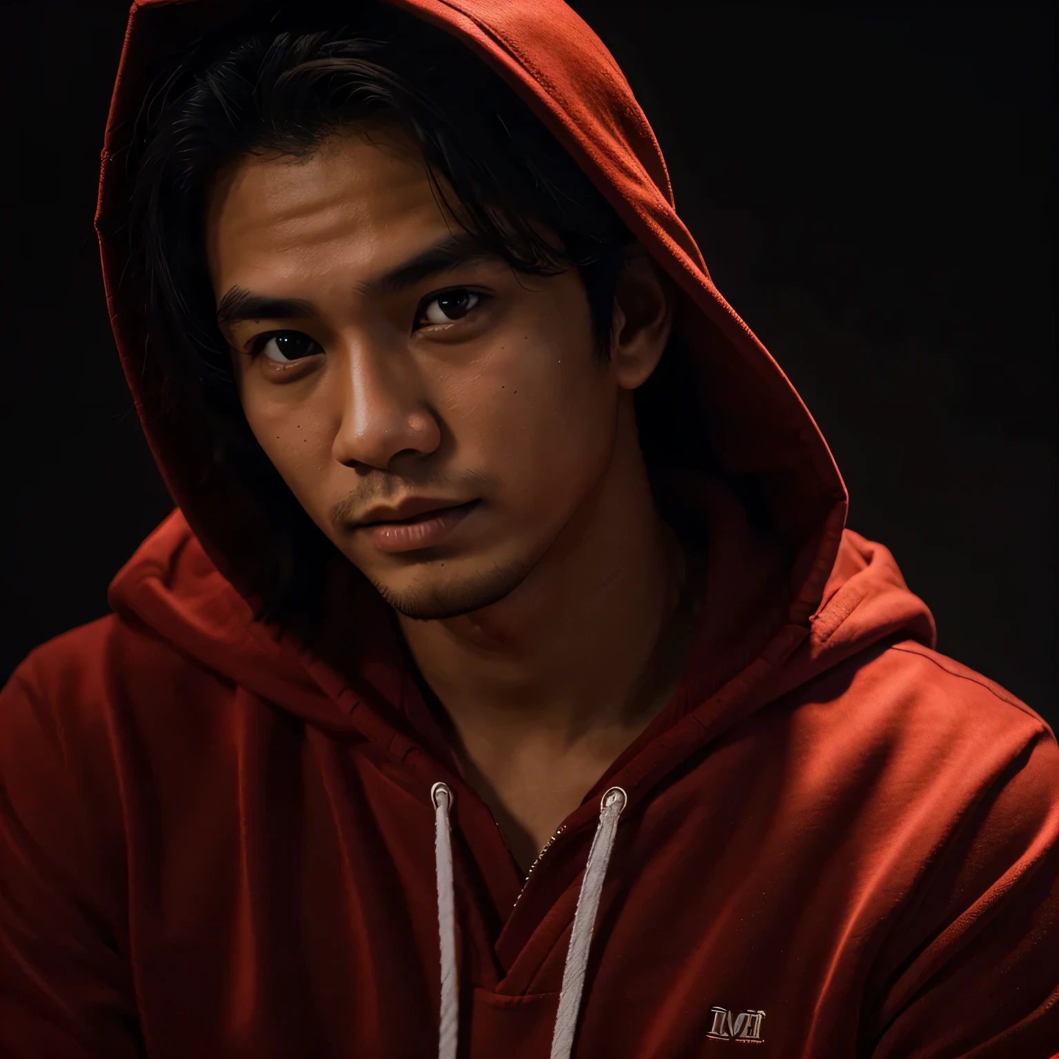 One indonesian handsome man, clean skin, wearing red hoodie with name "It's Me", deep dark background,soft lighting