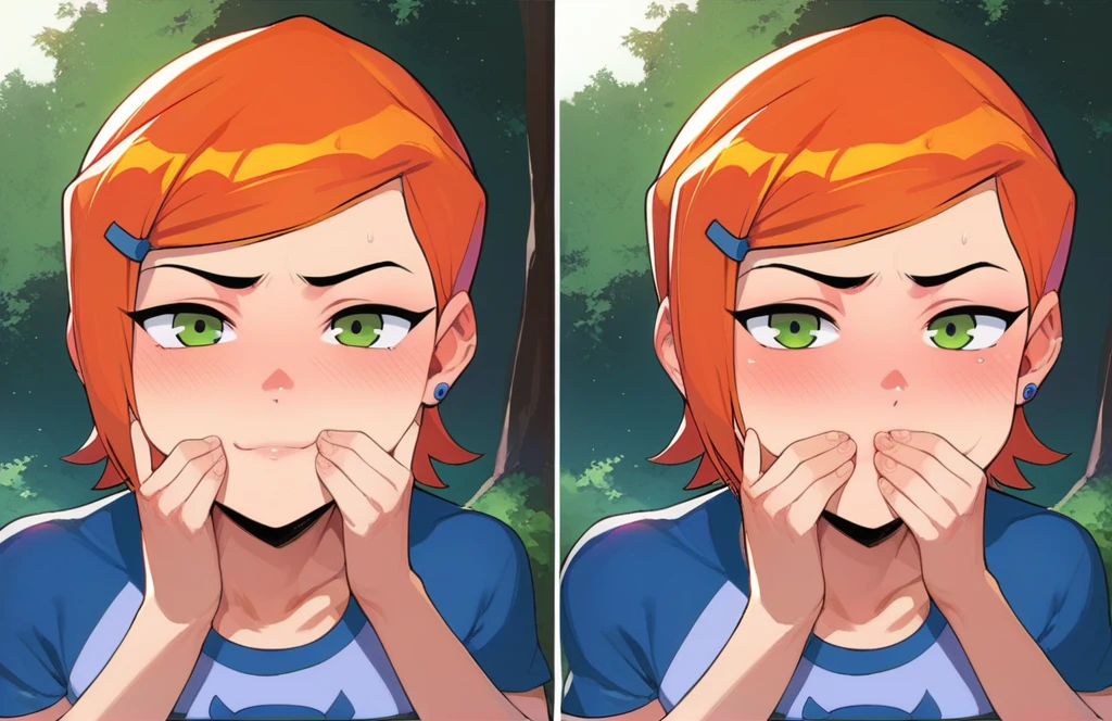 score_9, score_8_up, score_7_up, score_6_up, source_anime, BREAK by ikuchan kaoru, iku, clean color, flat color, 1girl, ben 10, green eyes, ginger hair, gwen, gwen Tennyson, outdoors, in Forest, face focus, face closeup, face, face only, smug, shy, embarrassed, covering mouth, covering eyes, mocking, giggle, humiliation