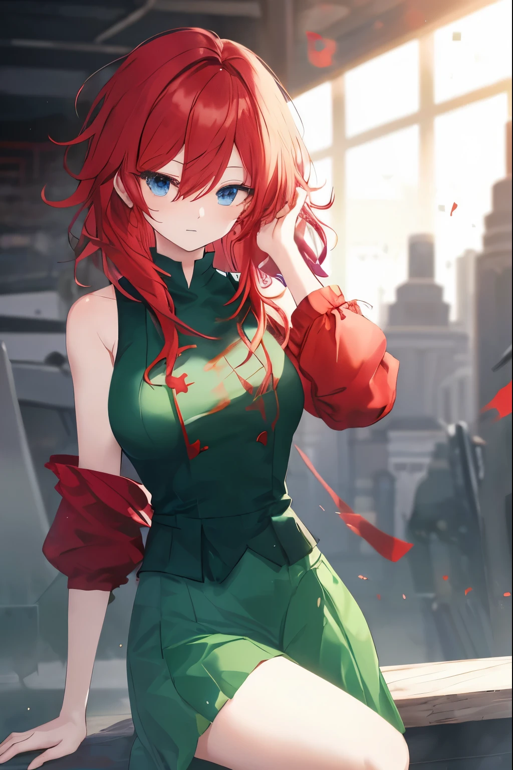red hair, blue eyes, red sleeves, sleeveless green dress, ((messy hair)), hair between eyes, green skirt,green legware, medium breasts,