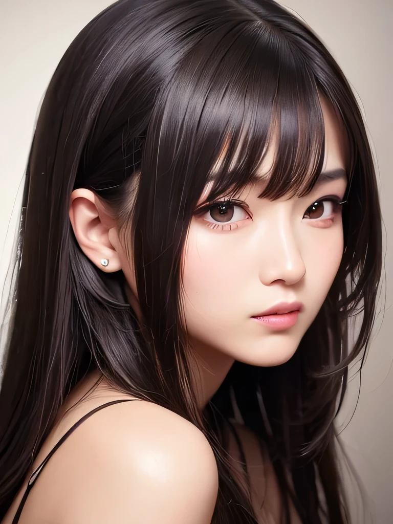 Masterpiece inspired by Ayami Kojima, best quality rendering, realism portrait of a gorgeous young Korean woman, posing in front of a large poster, Ulzzang trending on CG Society, detailed and intricate long hair with full bangs, beautiful Asian face, delicate features, vivid and bright colors, sharp focus, high-definition digital image, close-up view, Korean fashion model, meticulously crafted, realistic textures, lifelike details, expressive eyes, radiant complexion, stunning and sophisticated, perfect rendering using Virtual Engine 5, realistic lighting, lifelike reflection, hyper-detailed.