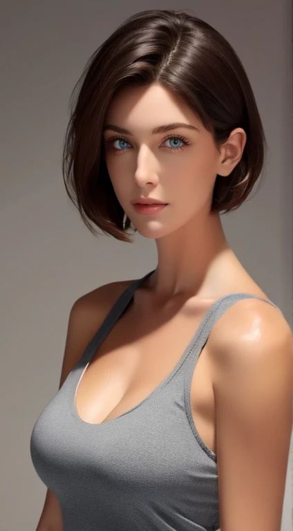 Skin Tight Top:1.2, Looking at Viewer, Cinematic lighting, Perfect, softlight, High resolution skin:1.2, Realistic skin texture, 30 years old mature woman、a small face、no-makeup、, off shoulders,Bust B Cup、 Exposed cleavage,Blue eyes, Short hair, dark brown  hair、fullnude、Gray background、