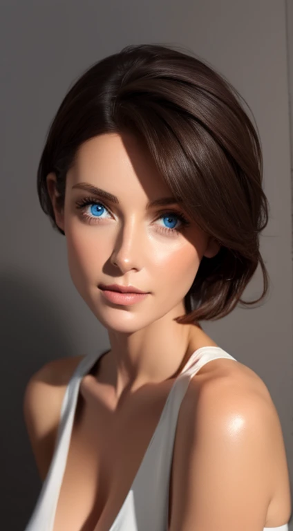 Skin Tight Top:1.2, Looking at Viewer, Cinematic lighting, Perfect, softlight, High resolution skin:1.2, Realistic skin texture, 30 years old mature woman、a small face、no-makeup、, off shoulders,Bust B Cup、 Exposed cleavage,Blue eyes, Short hair, dark brown hair、fullnude、Gray background、