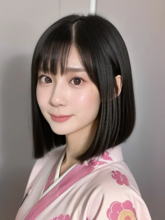 (kawaii 24 year-old Japanese girl, Nogizaka idol, Korean idol), (glossy black hair, medium bob cut:1.3), (extra rounded face, forehead, single eyelid, no makeup, soft smiling:1.2), (wearing light pink concept Kimono, Japanese traditional cloth, beautiful floral patterned:1.3), well shaped extra small breasts, (looking at viewer:1.2), BREAK, (simple white background:1.2), (portrait, id photo, view from straight forward:1.3), BREAK, (masterpiece, best quality, photo realistic, official art:1.4), (UHD, 8K quality wallpaper, high resolution, raw photo, film grain:1.2), (shiny skin), professional lighting, physically based rendering, award winning, (perfect anatomy, highly detailed skin, extremely detailed face and eyes, well drawn clear pupils), Carl Zeiss 85 mm F/1.4, depth of field, 1girl, solo,