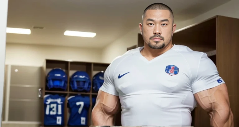 wearing a cap, (football uniform:1.5), (inside club locker room:1.2), Japanese man, Chinese man, Korean man, Taiwanese man, manly face, (round face:1.2), (monolid eyes:1.2), (buzz cut:1.4), very large and strong body, (bulging muscles:1.3), (very large pectoral muscles:1.3), (muscular arms:1.3), muscular abs, muscular legs, muscular back, brightens oily skin, master piece, realistic, panorama, distant view