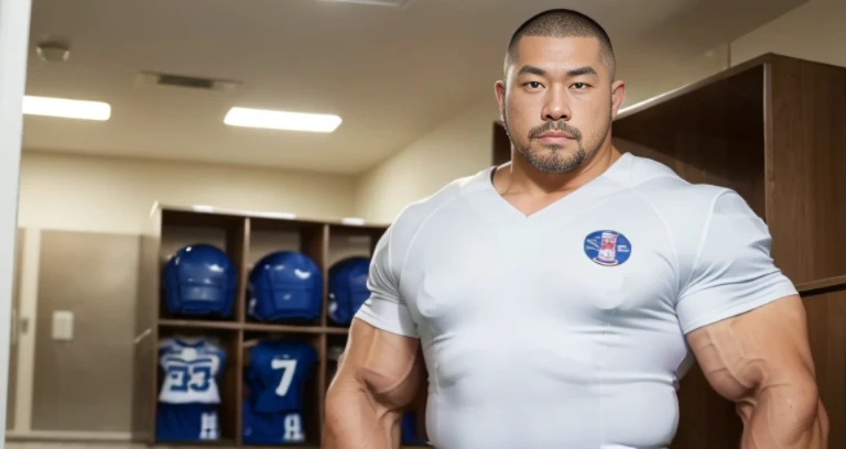 wearing a cap, (football uniform:1.5), (inside club locker room:1.2), Japanese man, Chinese man, Korean man, Taiwanese man, manly face, (round face:1.2), (monolid eyes:1.2), (buzz cut:1.4), very large and strong body, (bulging muscles:1.3), (very large pectoral muscles:1.3), (muscular arms:1.3), muscular abs, muscular legs, muscular back, brightens oily skin, master piece, realistic, panorama, distant view