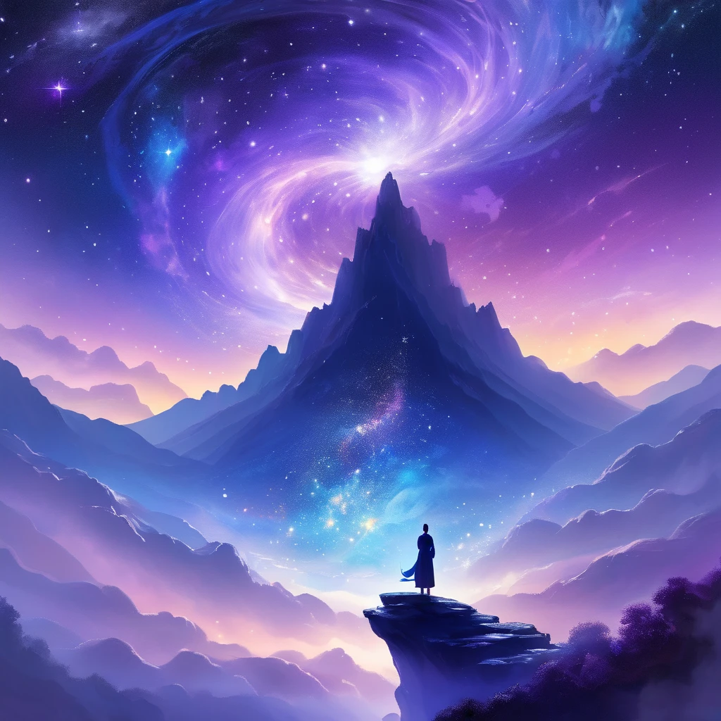 A figure stands on a cliff, enveloped in swirling streams of cosmic energy, amidst a dreamy, nebulous landscape. The silhouette of the person is wrapped in a flowing, ethereal gown that merges with the celestial currents. The sky is a tapestry of deep purples and blues, sprinkled with stars, and the landscape below is hinted at with soft, rolling mountains. The scene is one of tranquility and the sublime, capturing the majestic essence of the cosmos with a single, contemplative figure standing in awe.