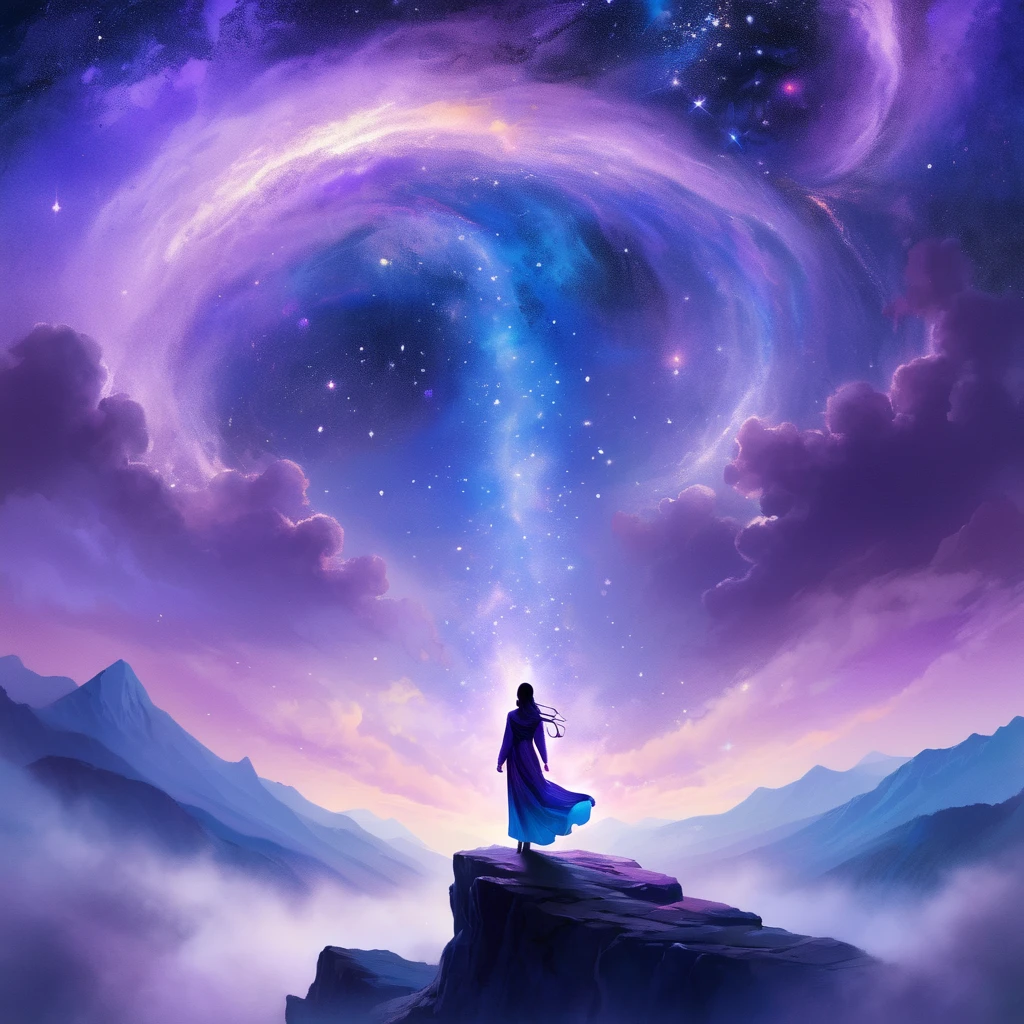 A figure stands on a cliff, enveloped in swirling streams of cosmic energy, amidst a dreamy, nebulous landscape. The silhouette of the person is wrapped in a flowing, ethereal gown that merges with the celestial currents. The sky is a tapestry of deep purples and blues, sprinkled with stars, and the landscape below is hinted at with soft, rolling mountains. The scene is one of tranquility and the sublime, capturing the majestic essence of the cosmos with a single, contemplative figure standing in awe.