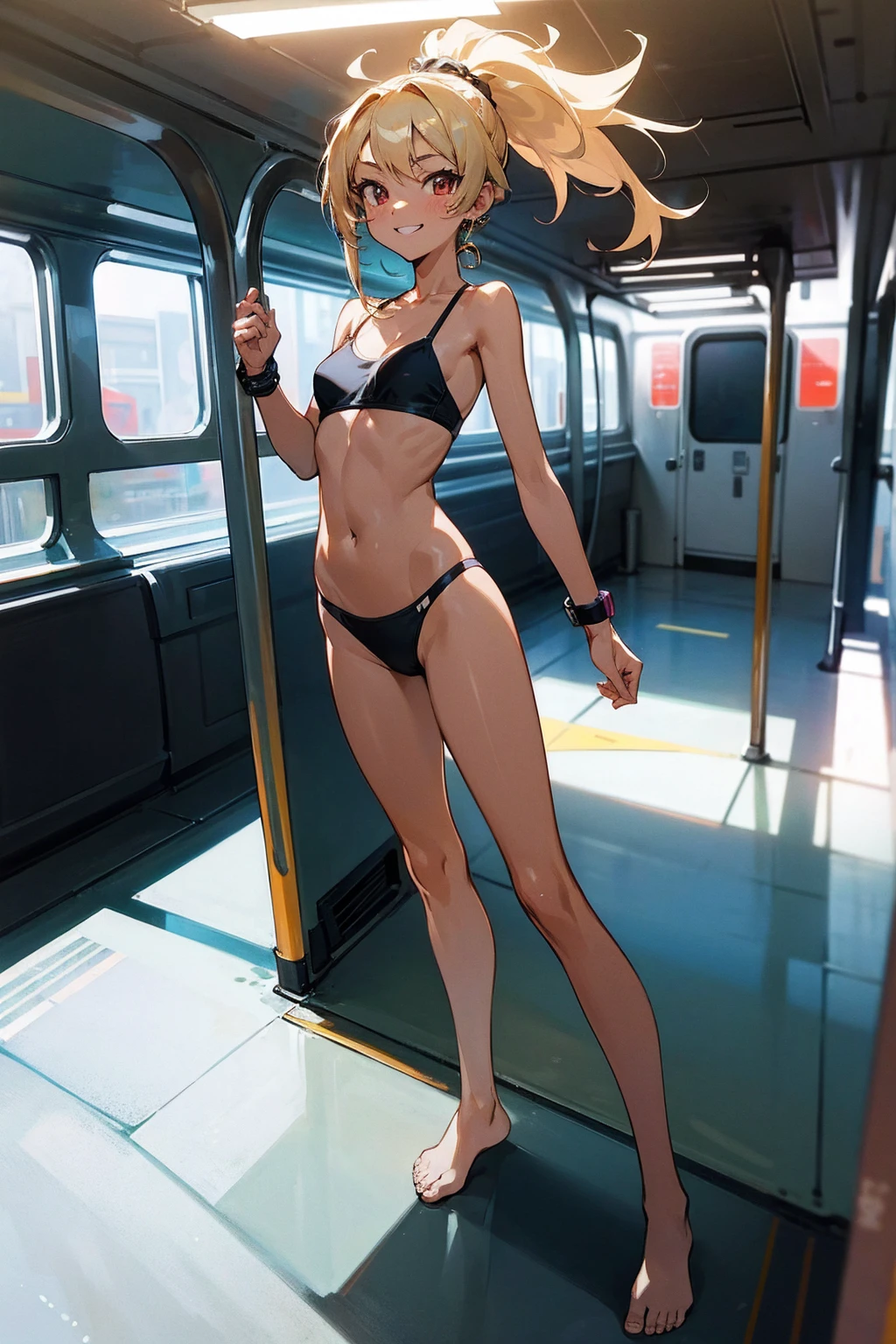 masterpiece,highest quality,official art,Highly detailed CG Unity 8K wallpaper,one cute tanned girl,toned body,black bra,black bikini,Flat chest,Navel exposed.,toned body,barefoot,私inside the subway,ponytail,blonde,wearing sunglasses,smile,smiling face,face is turning red,Empty-handed,light is reflected on the skin,Standing inside a brightly lit car,((Ultra Wide Angle Photography)),((straighten your legs)),The entire body fits compactly in the center,full body,many people behind々