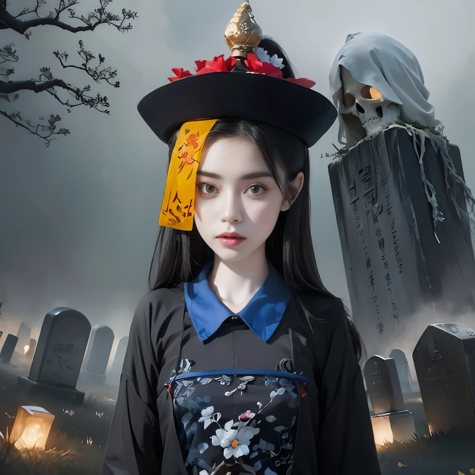 there is a woman in a black hat and a black dress, goddess of death in a graveyard, eerie art style, hanfu, artwork in the style of guweiz, japanese gothic, goddess of death, inspired by Fenghua Zhong, guweiz, palace , a girl in hanfu, hone onna skeleton geisha
