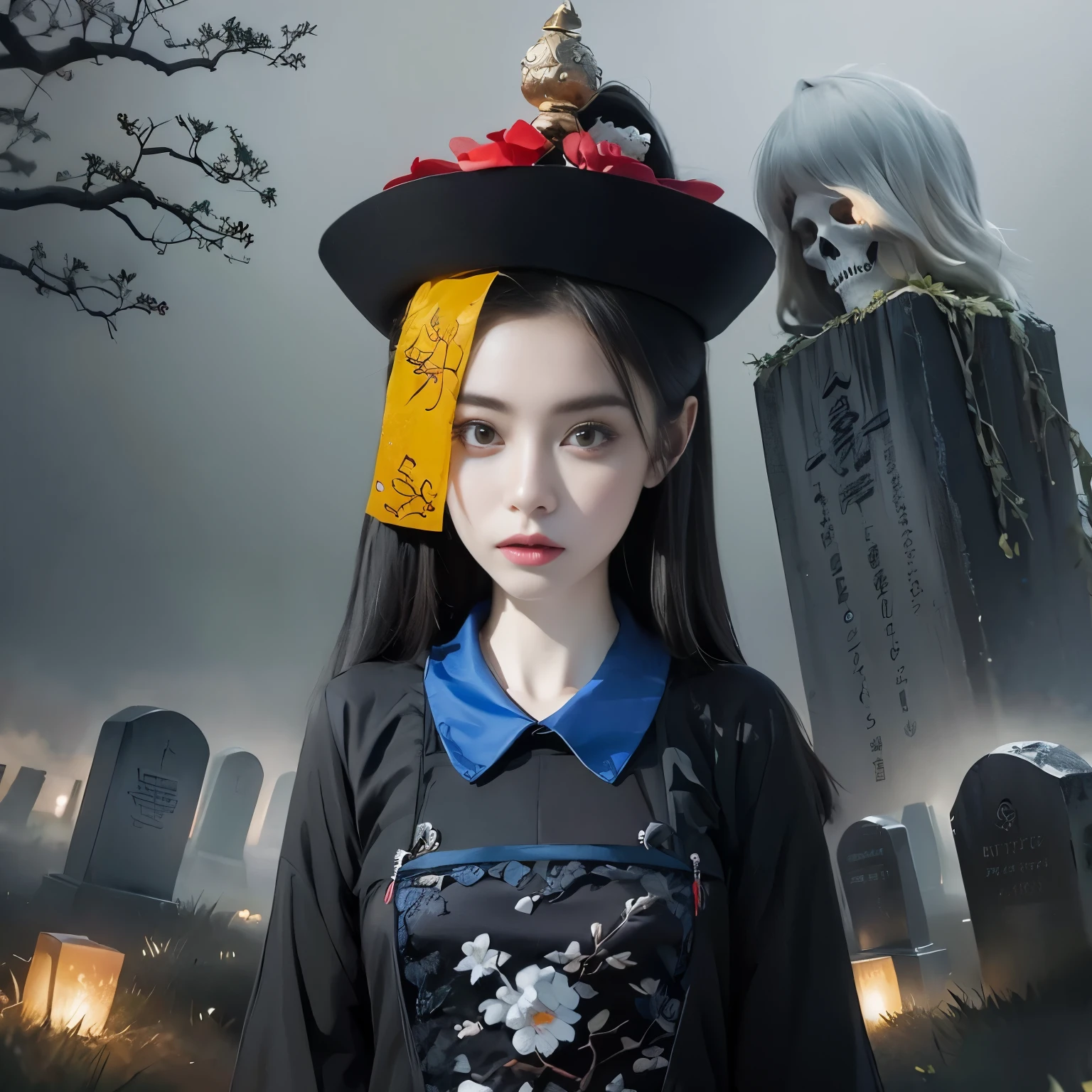 there is a woman in a black hat and a black dress, goddess of death in a graveyard, eerie art style, hanfu, artwork in the style of guweiz, japanese gothic, goddess of death, inspired by Fenghua Zhong, guweiz, palace ， a girl in hanfu, hone onna skeleton geisha