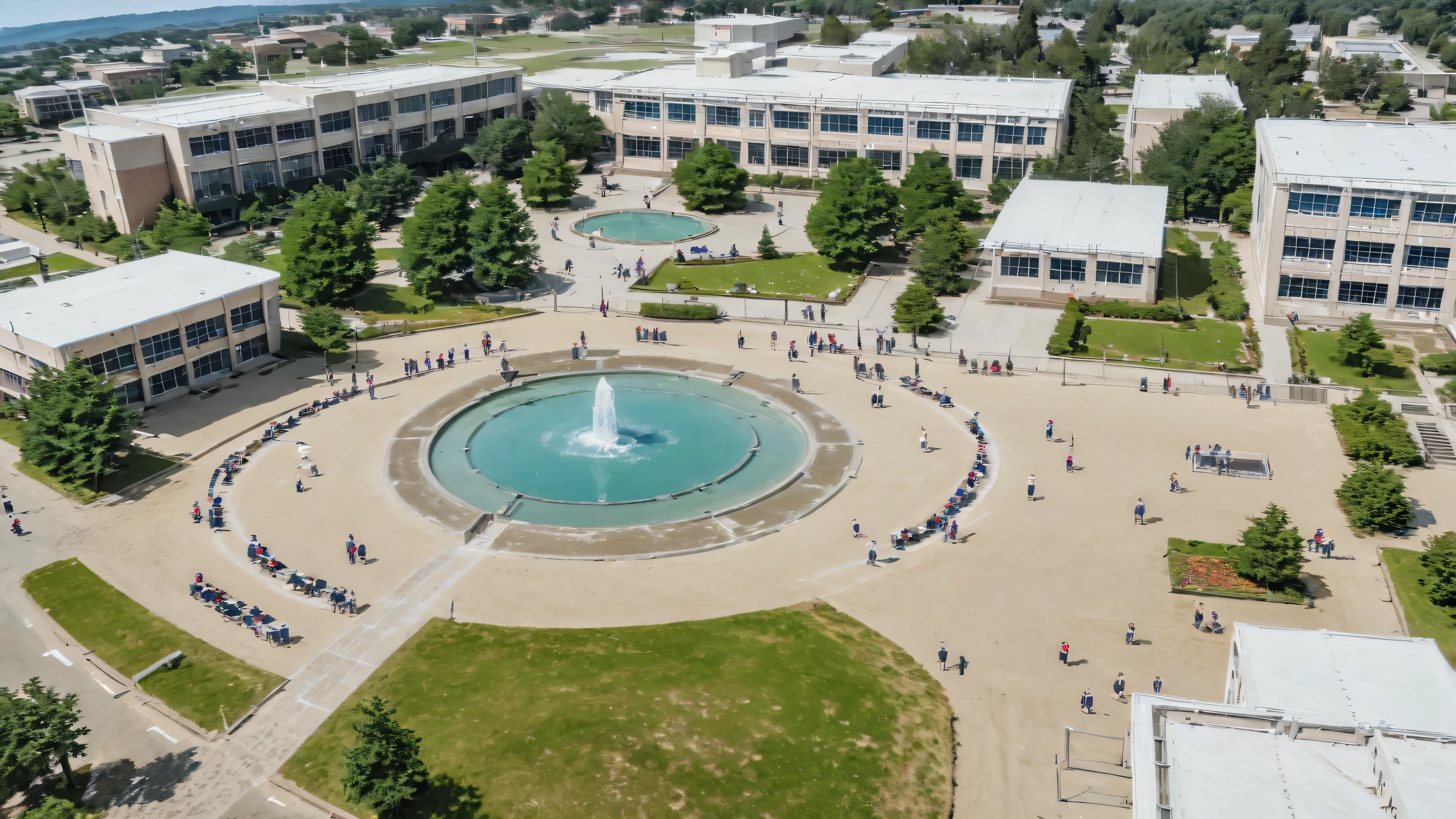 aerial view of a large building with a fountain in front of it, shot from drone, high school, photo taken from above, photograph from above, shot from a drone, photo from above, school, shot from 5 0 feet distance, shot from above, aerial shot from the drone, view from above, by Alexander Fedosav, bird's-eye view