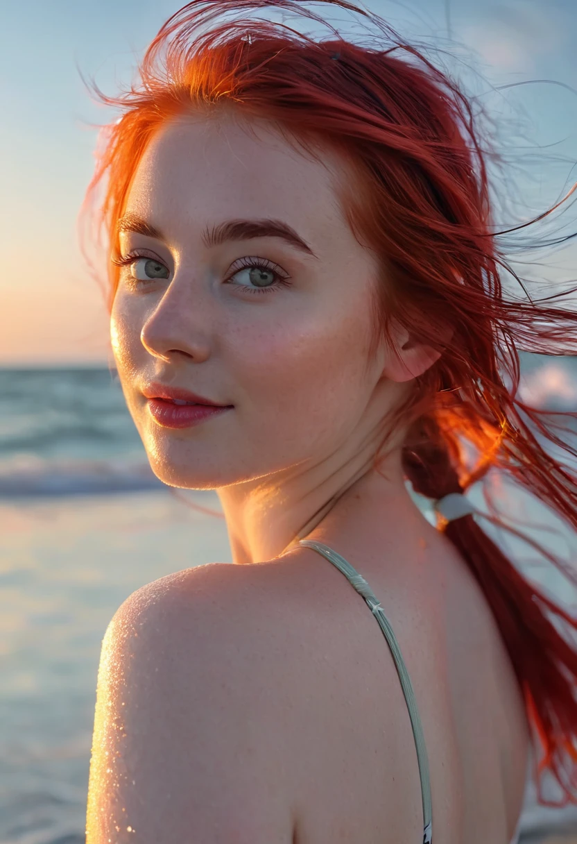 Une fille aux cheveux rouges, Fille finlandaise sur la plage, (best quality, 4k, 8K, high resolution, chef-d'artwork:1.2), Ultra-detailed, Realistic, twinkling stars, bord de mer, vagues calmes, rivage sablonneux, beau coucher de soleil, douce brise, atmosphère paisible, doux soleil, Couleurs chaudes, bright red hair, Delicate facial features, sparkling eyes, joues roses, beau sourire, maillots de bain élégants, position relaxante, expression heureuse et insouciante, unique Nordic beauty, environnement naturel, moment solitaire, fascinating beauty, ambiance de rêve, tranquility, Serenity.