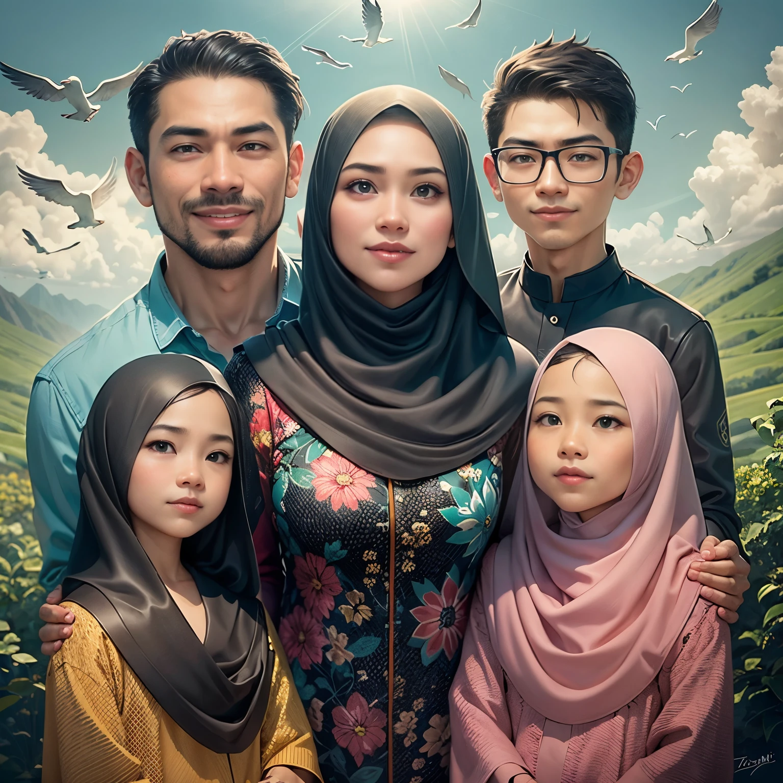 arafed family portrait with a mountain background and birds flying overhead, an indonesian family portrait, happy family, potrait, full protrait, family portrait, inspired by Nazmi Ziya Güran, realism artstyle, barong family, cartoon artstyle, close up potrait, high quality portrait, inspired by Oton Gliha, sakimi baby no boy