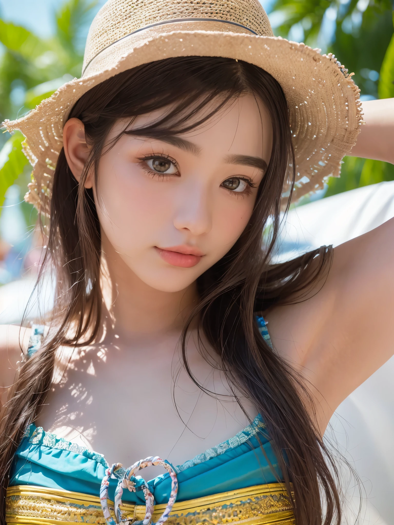 (Flat Chest, Small breasts:1.4), pretty girl, (Baby Face:1.3), (Cute face), (Smile:1.2), (Cute ultra micro bikini:1.2), (Highest quality, 8k, masterpiece:1.2), RAW Photos, Professional photography, Realistic portrait, Beautiful details, Close-up portrait of a , Outdoor, sunny, Beach, Palm tree, (Beautiful Face:1.2), (Detailed eyes and face:1.2), (Detailed hands:1.1), (Perfect Anatomy:1.3), (Photorealistic:1.4)