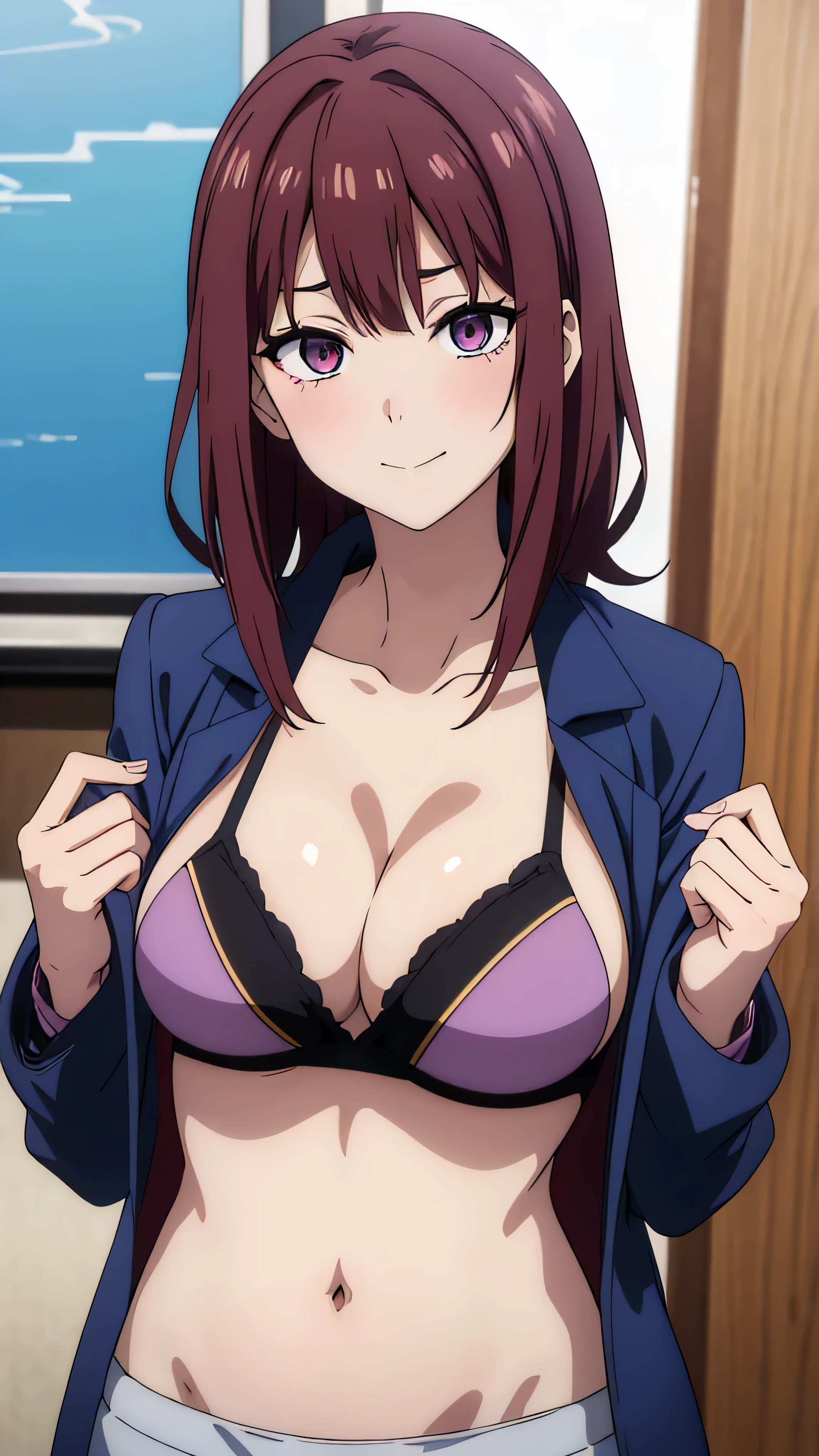(((masterpiece))),fuyumi itadori, Anime girl characters, 1girl, solo, looking at viewer, medium hair long sleeves, cleavage, bigger breasts, closed mouth, collarbone, jacket, open clothes, open jacket, blue jacket, ground vehicle, sports bra, tall girl, horny, big ass, beautiful face,Charming, anime visual of a cute girl, screenshot from the anime film, & her expression is solemn, ahegao face, in the anime film, in an anime, anime visual of a young woman, she has a cute expressive face, still from anime, perfect breasts, she is tall, All bodies visible, ahegao face, the face is ahegao, she is horny, A perverted face, she so perverted, she smile so perverted, hd picture, 4k quality, details of the face is so good,bigger breasts,