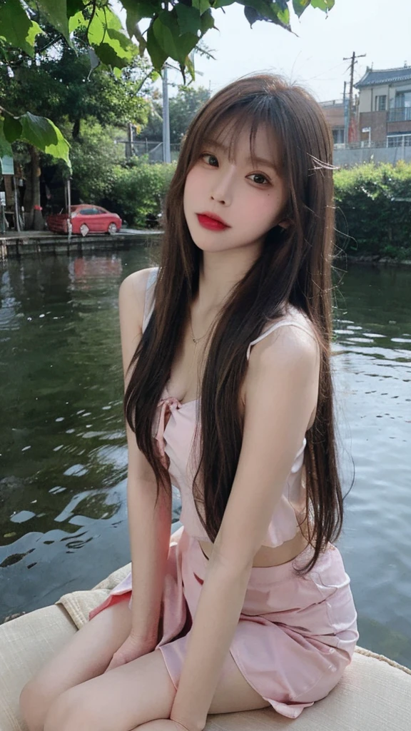 real photos,HDR backlight,Contour light,Shallow depth of field。reddish brown long straight hair,Beautiful Chinese beauties, masterpiece, best quality, extremely delicate and beautiful,high resolution, absurderes, Optimal proportions of four fingers and one thumb, in the lake with trees,sitting, highly detailed beautiful face, Cute, shy,blush, dynamic angle, from above,looking at viewer, wearing Chiffon Sleeveless Blouse skirt