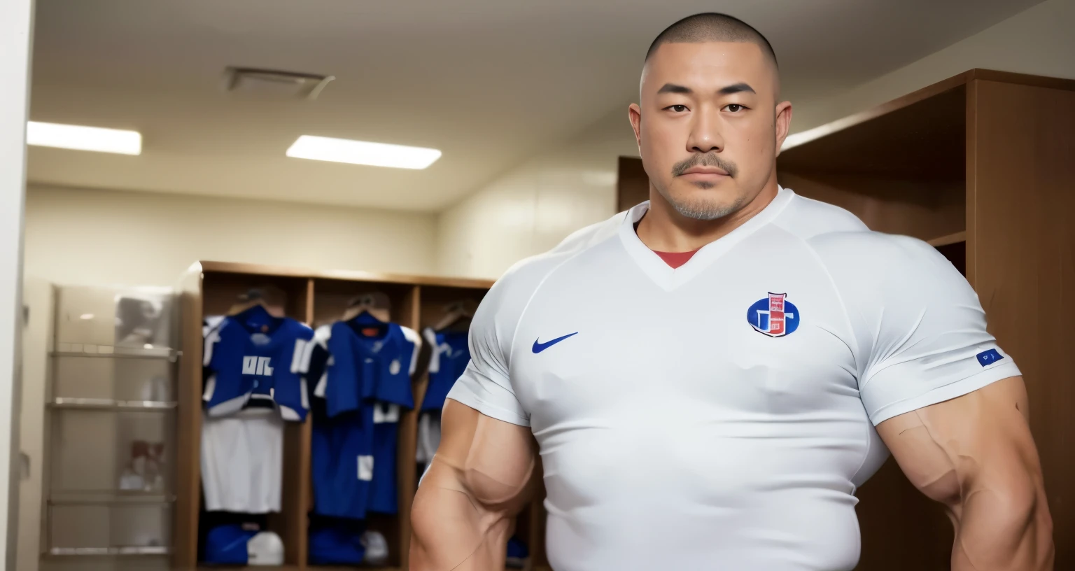 wearing a cap, (football uniform:1.5), (inside club locker room:1.2), Japanese man, Chinese man, Korean man, Taiwanese man, manly face, (round face:1.2), (monolid eyes:1.2), (buzz cut:1.4), very large and strong body, (bulging muscles:1.3), (very large pectoral muscles:1.3), (muscular arms:1.3), muscular abs, muscular legs, muscular back, brightens oily skin, master piece, realistic, panorama, distant view