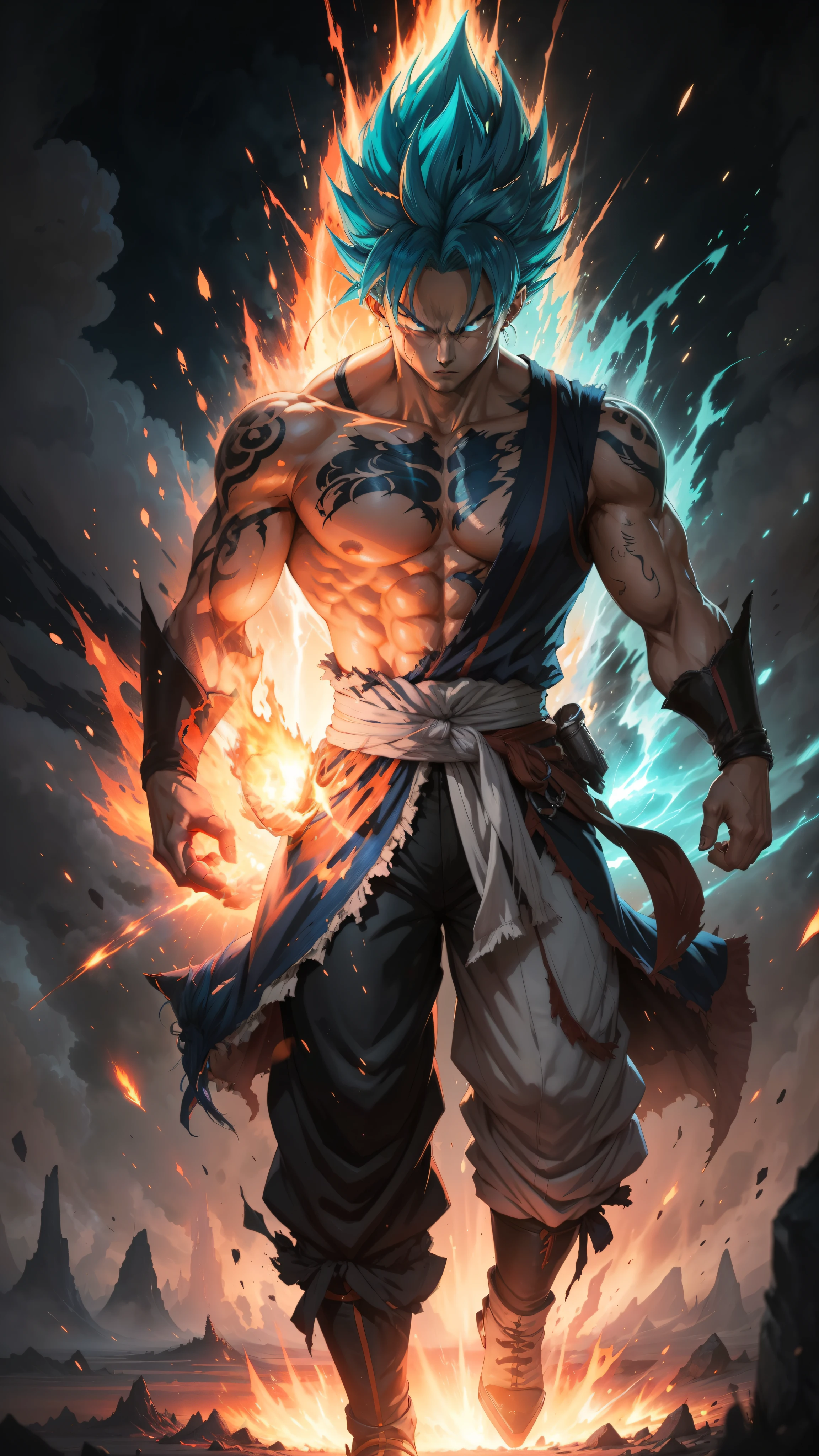 Get ready for a visual feast with the Gohan, glowing blue hair and tattoo, a being with a handsome face and piercing red eyes. In his transformed state, he radiates extreme instinct and power, making for an epic anime about this energy man. Watch as he controls fire and lava in stunning anime artwork that will leave you in awe. This concept art is straight out of the Bleach Universe, with a manga-style 8k wallpaper that will transport you to another dimension. Prepare to be amazed by this detailed digital anime art, showcasing the ultimate fusion of style and power.