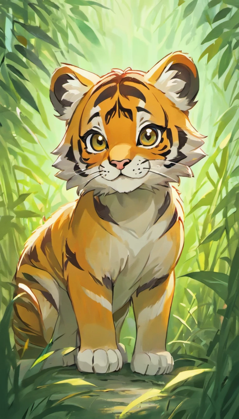 The image displays an adorable, highly stylized illustration of a young tiger cub amidst a natural setting. The cub is centrally positioned, gazing directly at the viewer with large, expressive, glossy eyes that reflect a sense of innocence and curiosity. The eyes are a deep brown, almost black, with tiny white highlights that give them a glassy appearance.
The cub's fur is rendered in warm shades of orange, cream, and white, with distinct black stripes characteristic of tiger markings. The fur is depicted with a soft texture, and the light seems to emanate from behind, creating a halo effect around the cub and highlighting the edges of its fur. This backlighting gives the impression of a sunlit environment, suggesting that the setting is outdoors during the daytime.
The tiger's face is marked with a white muzzle that has a pink nose at the center. Whiskers delicately protrude from the muzzle, thin and almost imperceptible against the bright background. The cub's ears are perky and rounded, with the inner part shaded in a darker tone, adding depth to the image.
Surrounding the tiger cub are tall blades of grass and reeds, illustrated with strokes of golden yellow and green, which contribute to the warmth of the scene. Small red flowers are interspersed among the grass, adding pops of color to the composition.
The overall style of the illustration is somewhat reminiscent of digital painting, with a blend of realism and cartoon-like features. It is designed to evoke emotions of tenderness and affection in the viewer, likely inspired by the endearing qualities that young animals possess. The image could be well-suited for a variety of purposes, including children's book illustrations, animated content, or as a visually appealing piece of art.