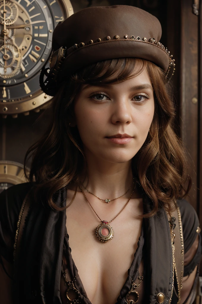 close-up, straight hair blonde short curly girl red hat, watch on necklace, (Victorian era), ((steampunk)), cinematography, have worked, elegant, meticulous, fabulous, maximum detail, extremely hyper-aesthetic, confusingly detailed, a lot of gears, old town background