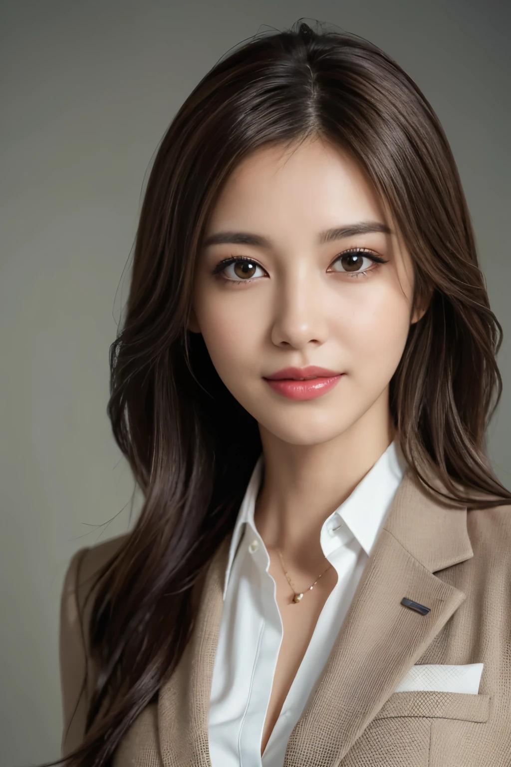 table top, highest quality, realistic, Super detailed, finely, High resolution, 8k wallpaper, 1 beautiful woman,, light brown messy hair, wearing a business suit, sharp focus, perfect dynamic composition, finelyて美しい目, thin hair, Detailed and realistic skin texture, smile, close-up portrait, model body shape