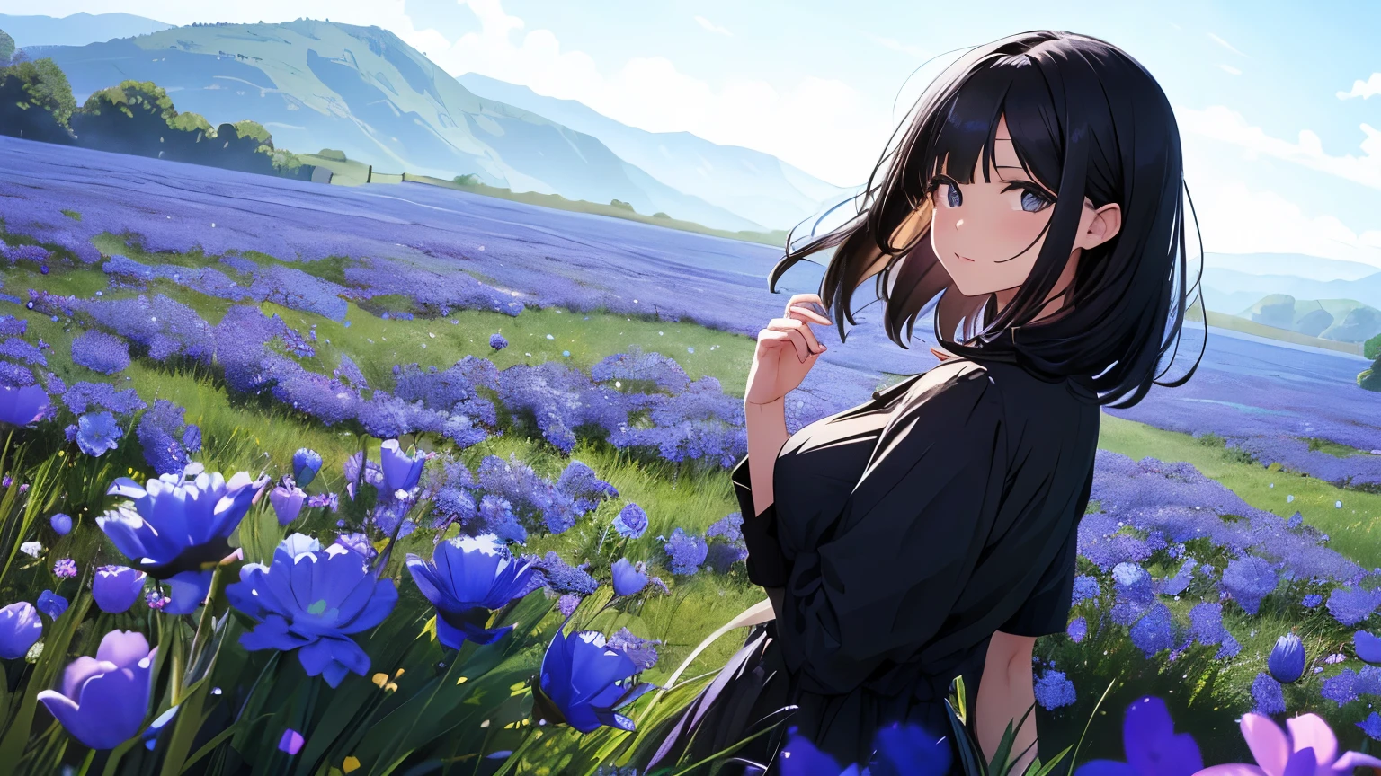 a beautiful black haired girl standing in blue flowers field