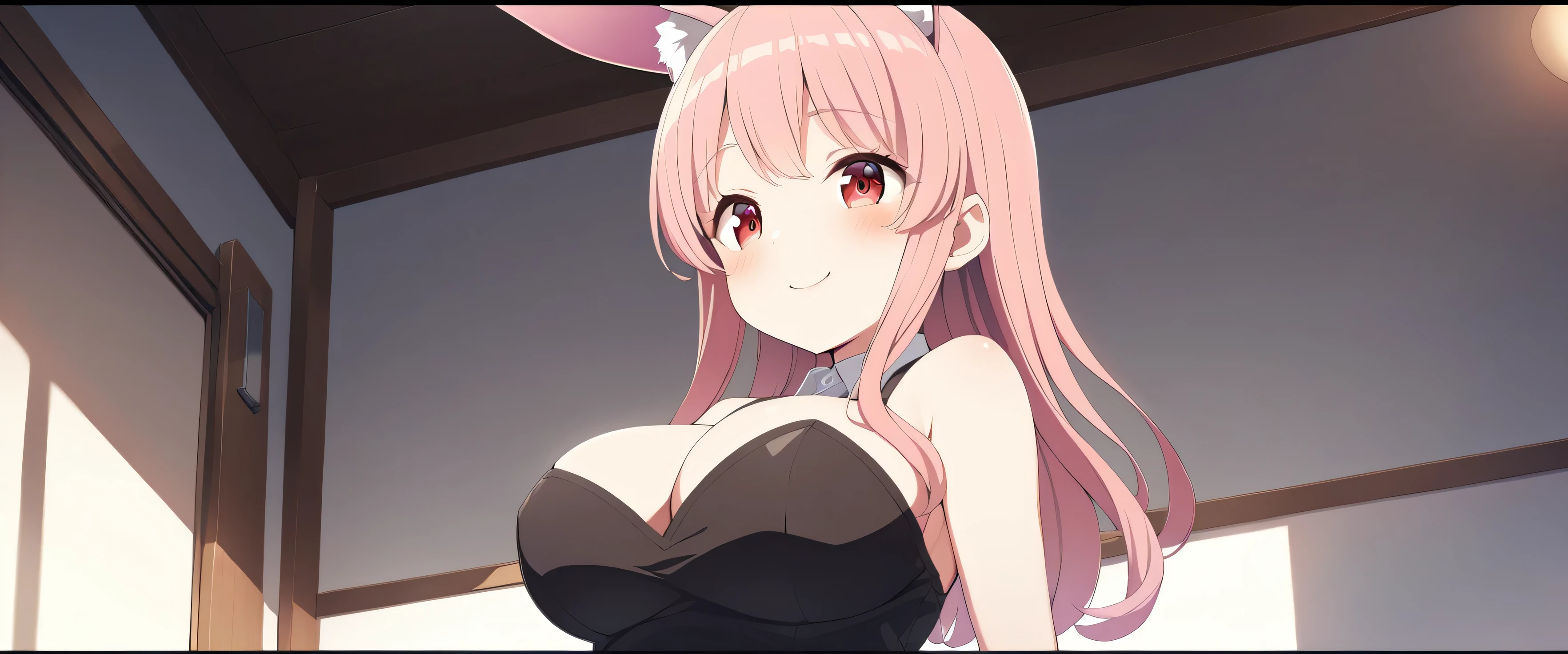 1 girl, long hair, straight, pink hair,pink bunny ears, animal ear fluff, red eyes、Different world, cherry blossoms, Bunny girl, portrait, high contrast, official art、smile、looks fun、smile、highest quality, High resolution、Beautiful hair details,masterpiece,highest quality,((put your hands behind your back)),fine eyes,fine skin,lean against the wall,cinematic lighting,Depth of the bounds written,cute, Paws２Book、arm２Book,　Eye for fine details, (anime, 8K, masterpiece, highest quality, highest quality, beautiful and aesthetic, professional illustration, Super detailed, perfect lighting, perfect shading, Perfect sharpness),Day Book、It is said that problem children come from Different worlds.？ Black rabbit、playing cards、jumping、big eyes、big breasts、I can see the cleavage、black vest、red underwear、mouth open with smile、playing cards、background with sky view、forest、