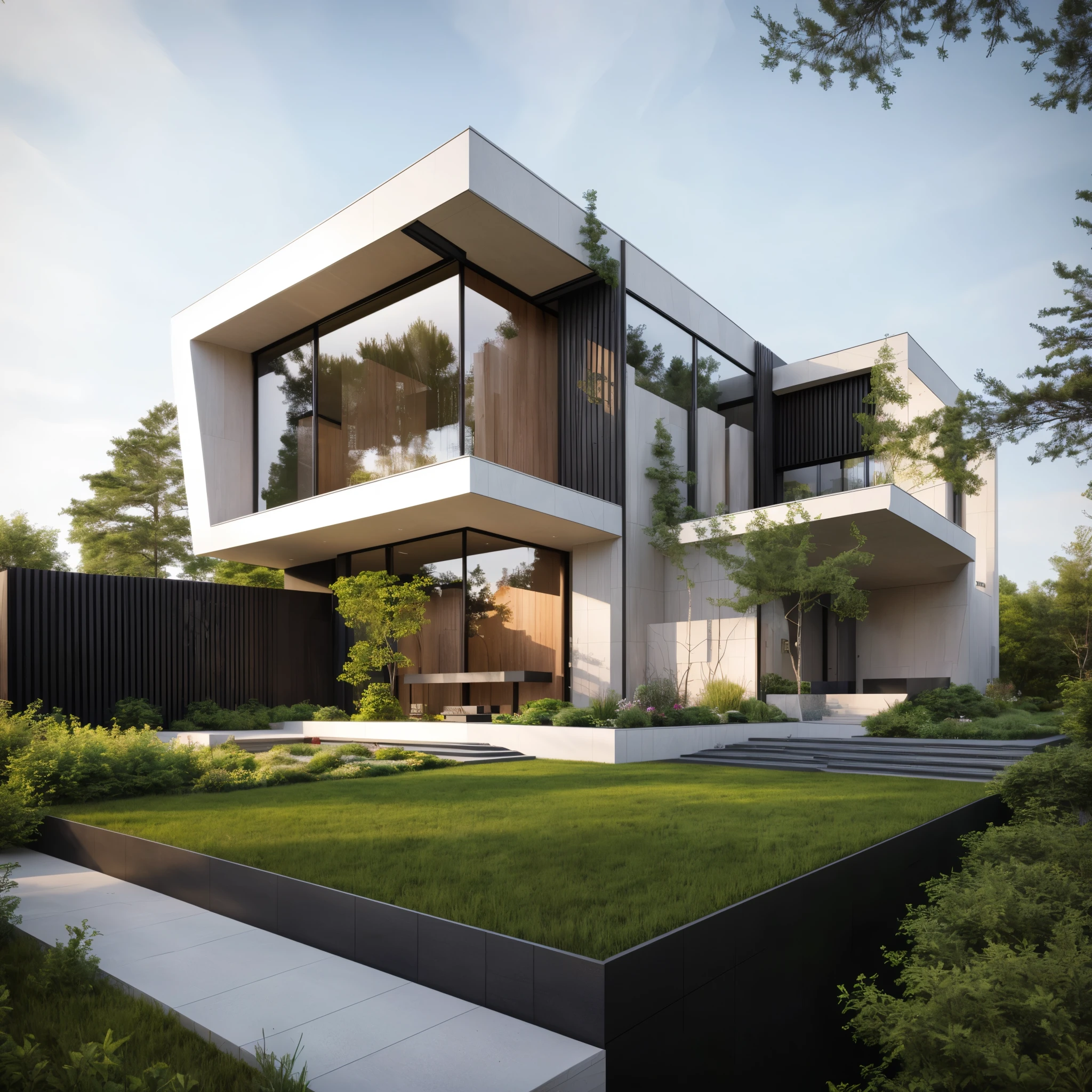 (masterpiece),(high quality), best quality, real,(realistic), super detailed, (full detail),(4k),8k,modern house exterior design,Modern architecture,Beautiful_sky,Day light, no_humans, outdoors,sky,tree,Garden flower front of building,
