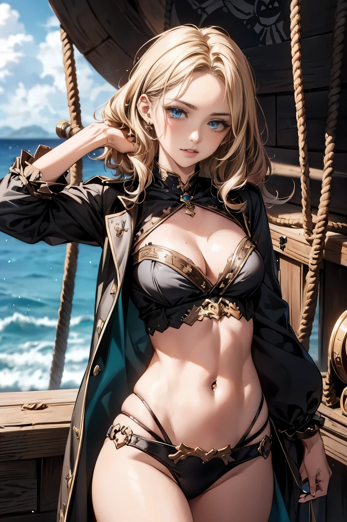 Gorgeous pirate girl on a pirate ship at sea, sexy girl, dark blonde short curly hair, oily skin, sexy masterpiece, highest quality, highest quality, High resolution, very detailed, 8K, A healthy body with high athletic ability, Naughty, perfect hands, fine hands, perfect eyes, fine eyes, frivolous, sexy, realistic, HDR, UHD, dynamic, small , cleavage, intricate details, pirate clothes, piercing blue eyes, bright aqua blue eyes