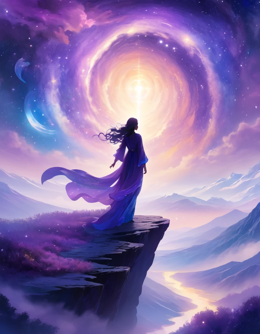 A figure stands on a cliff, enveloped in swirling streams of cosmic energy, amidst a dreamy, nebulous landscape. The silhouette of the person is wrapped in a flowing, ethereal gown that merges with the celestial currents. The sky is a tapestry of deep purples and blues, sprinkled with stars, and the landscape below is hinted at with soft, rolling mountains. The scene is one of tranquility and the sublime, capturing the majestic essence of the cosmos with a single, contemplative figure standing in awe.