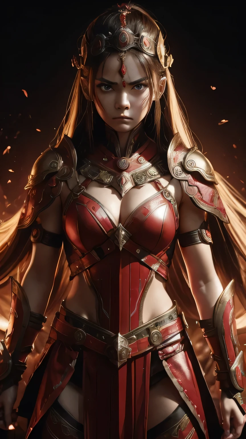 a girl in a warrior costume ready to fight an intense war holding two red swords her face is full of tension and fear standing with proud