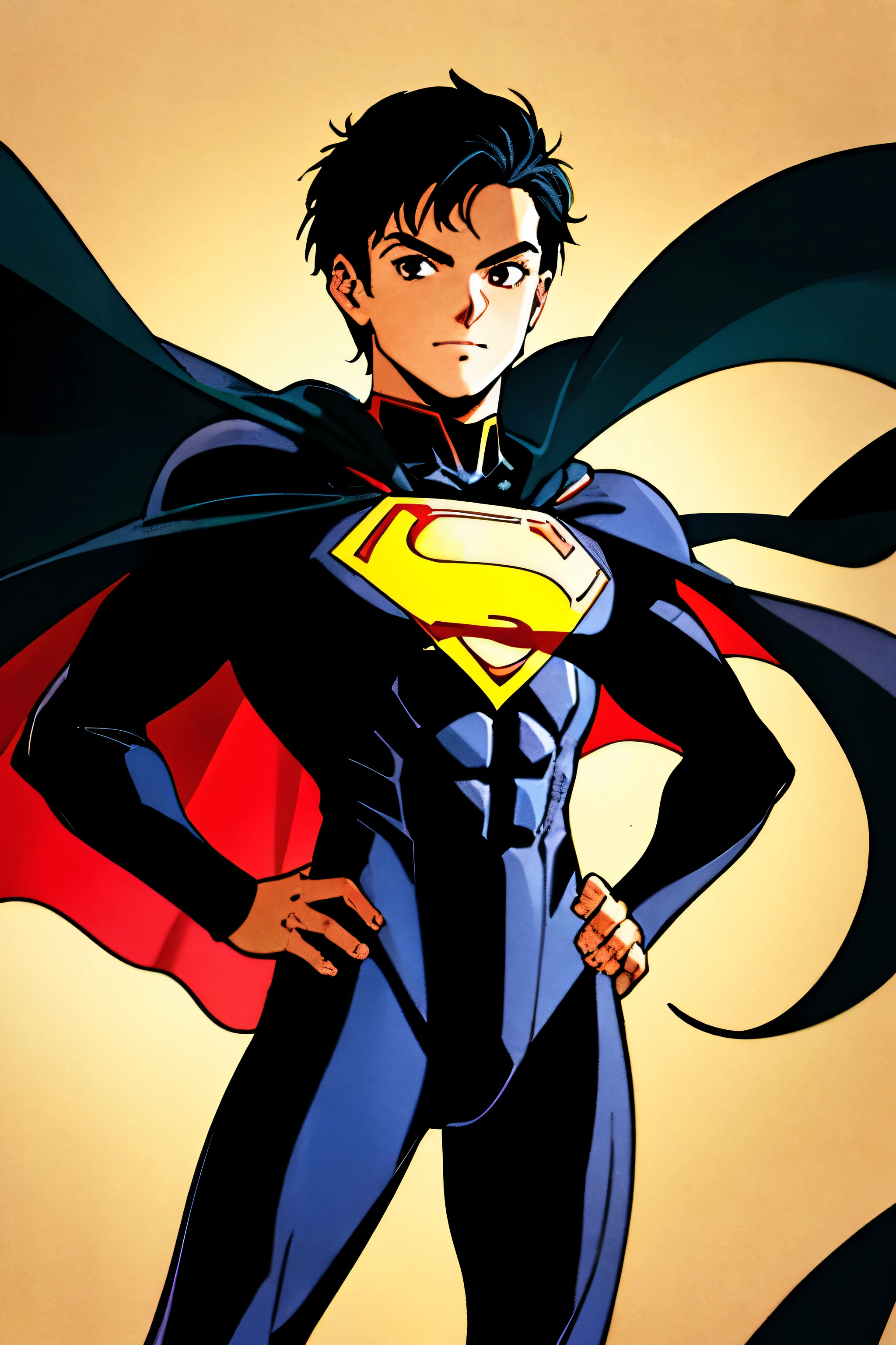 masterpiece, best quality, cel shaded, bright colors, 1boy, solo, male focus, short black hair, brown eyes, small smile, healthy complexion, strong frame, black Kryptonian suit, black superhero suit, black cape, hands on hips, floating, looking at viewer, simple background