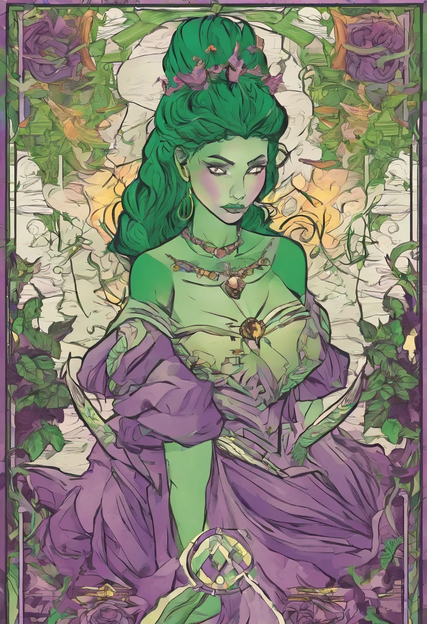 Tarot card style, complex parts, animation evangeliona, pencil drawing, green and purple paint lines