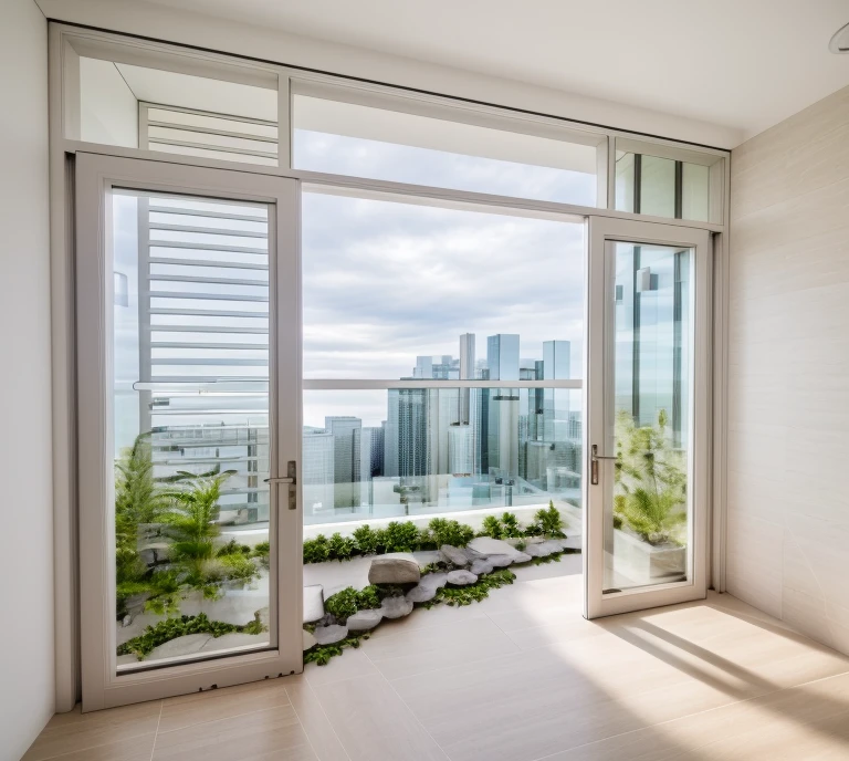 balcony, view city, day light, sky, cloud, details plant, plant around, small trees, grass, stone on the floor, white, stone, rock, wood floor, metal door, white concrete wall, photo realistic, high quality, sharper,  high-end, realistic photography, sharp, unique details, award-winning photography, Canon EOS 5D DSLR Mark IV, f/ 6, ISO 100, 1/ 250 sec, best quality, super high resolution,