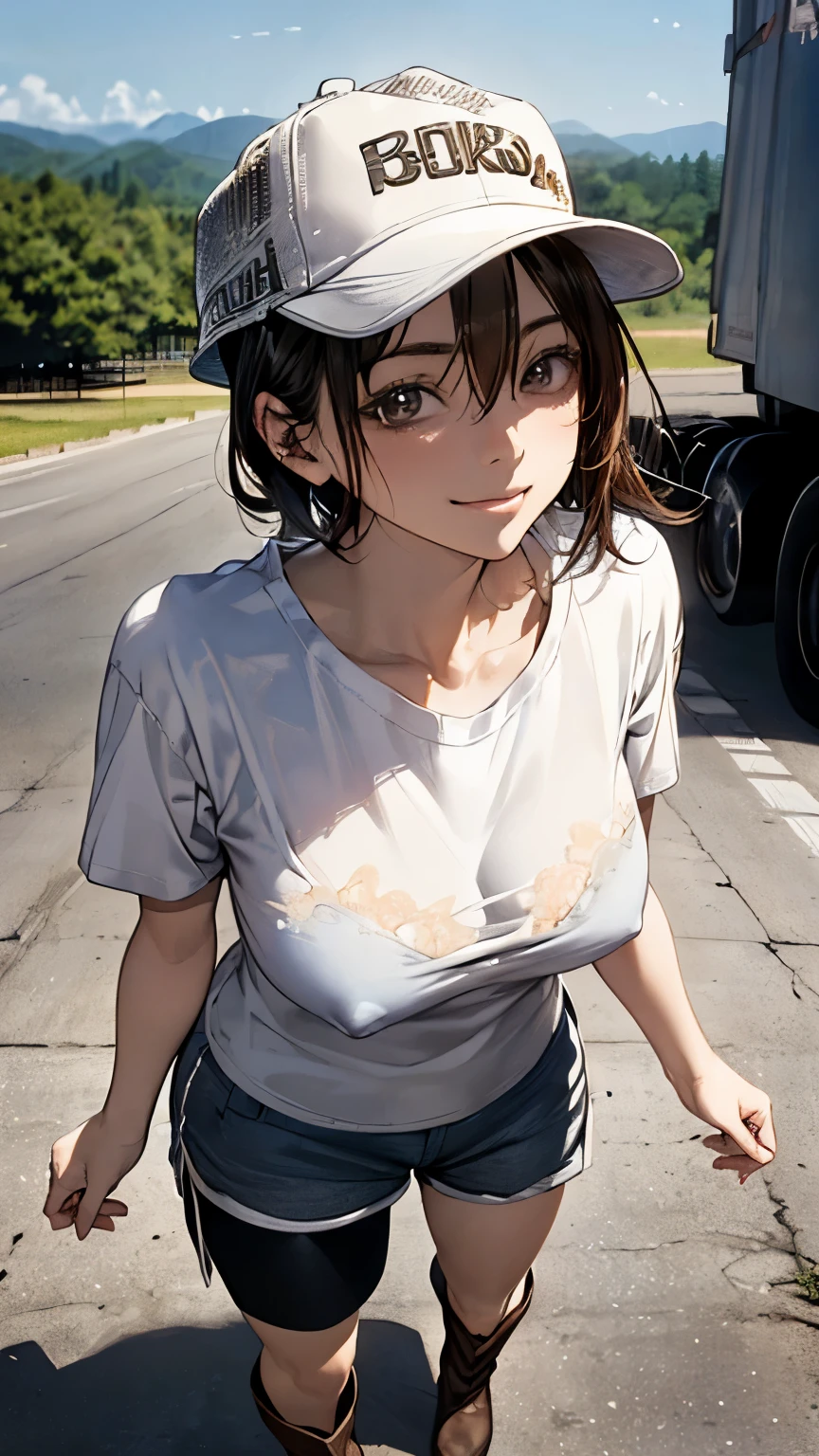 (masterpiece:1.2, highest quality), (realistic, photorealistic:1.4), beautiful illustrations, (natural side lighting, movie lighting), NSFW,
looking at the viewer, 1 female, Japanese, woman in her 20s, perfect face, Cute symmetrical face, shiny skin,
(short hair, brown hair), hair between eyes, brown eyes, long eyelash, (big breasts),
beautiful hair, beautiful face, detailed and beautiful eyes, beautiful clavicle, beautiful body, beautiful breasts, beautiful thighs, beautiful feet, beautiful fingers,
((Plain T-shirt one piece:1.6, middle boots, shorts, Plain Trucker Hat:1.4)),
(beautiful scenery), evening, (outdoor), Are standing, (cute smile, cowboy shot),