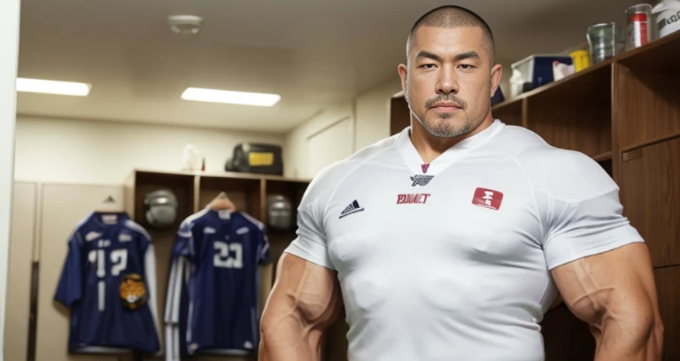 (football uniform:1.5), (inside club locker room:1.2), Japanese man, Chinese man, Korean man, Taiwanese man, manly face, (round face:1.2), (monolid eyes:1.2), (buzz cut:1.4), very large and strong body, (bulging muscles:1.3), (very large pectoral muscles:1.3), (muscular arms:1.3), muscular abs, muscular legs, muscular back, brightens oily skin, master piece, realistic, panorama, distant view