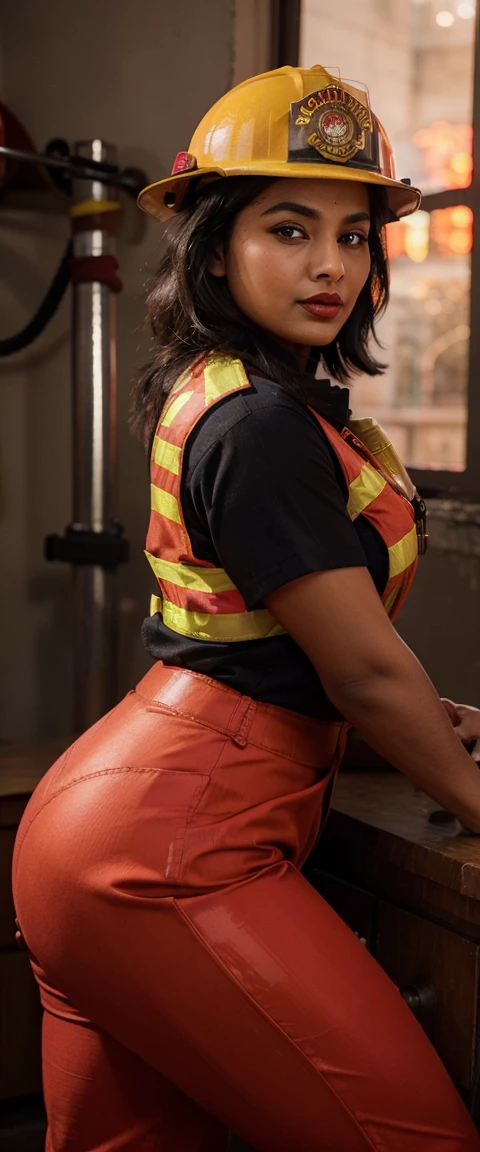 Gorgeous Indian women, firefighter women, (((wearing hard firefighter hat))), and (((wearing firefighter coat and firefighter shirt Reflective Safety Vest Set))), (((wearing skin tight firefighter pant))), (((firefighter Hard Hat and firefighter dress))), ((dark red lipstick)), rearing's, looking at viewer, in the bedroom, nude, nude body, thick thighs, beautiful sexy body, large breasts, alluring body, ((good proportion)), seducing, realistic background, pose, black hair, chubby women,