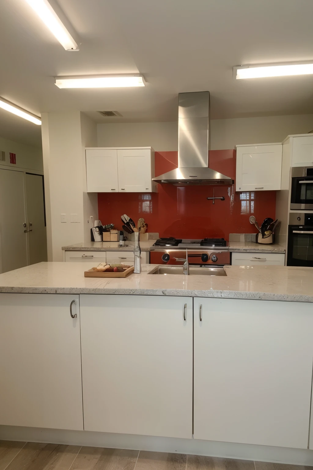 ((best quality)), ((masterpiece)), (detailed), Interior Design of Kitchen Appliance Store, White and Red color, Modern Style, Gas Cooker, Hooker, red Kitchen cabinet. Store. red cashier, 