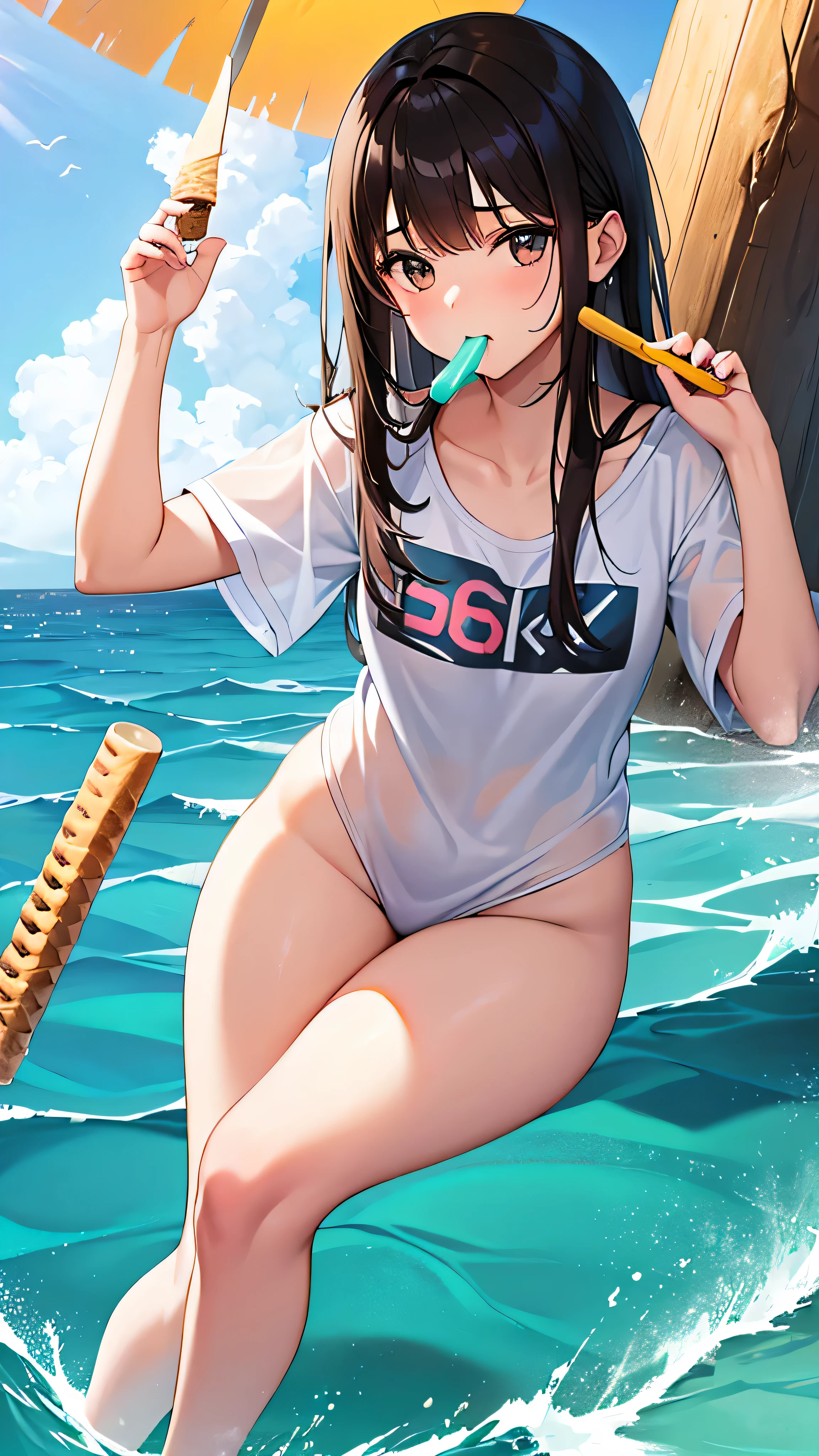 One very cute  girl、dark brown hair、(open your mouth)、(on the right hand(thick round ice cream stick)eating by holding it in the mouth)、(open your mouth)、summer、Ocean&#39;s house、Ocean、sun、