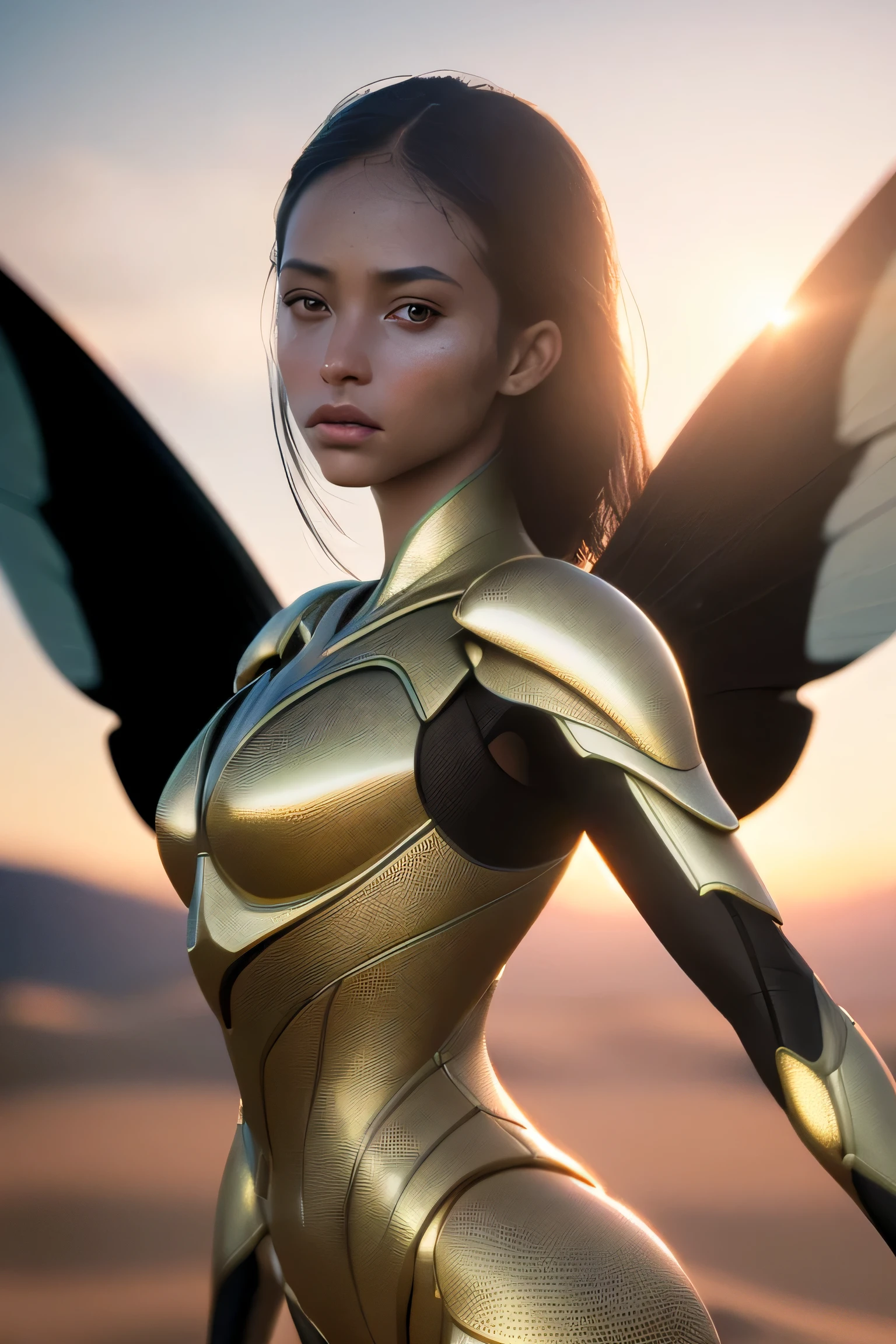 (masterpiece), (very complicated:1.3), (realistic), girl portrait, the most beautiful in the world, (insect-like wings), scale powder reflection, outdoor, intense sunlight, distant dune, Stunning female professional photo details, sharp focus, dramatic, Award history, cinematic lighting, Octane Rendering Unreal Engine, volumetrics dtx, (film grain, blurred background, blurred foreground, Bokeh, Depth of the bounds written, sunset, motion blur:1.3), thin clothing