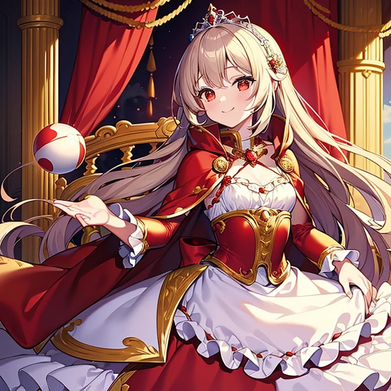 (best quality),(ultra detailed), upper body, beautiful anime art style, rococo style,(long train red cape), very long cape,(long train white ball gown with flower decorations), a girl is wearing a cape over her ball gown, 1  princess, tiara, small breasts, smile, very long hair