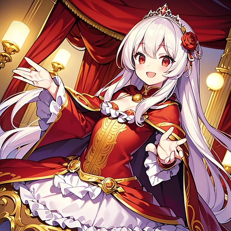 (best quality),(ultra detailed), upper body, beautiful anime art style, rococo style,(long train red cape), very long cape,(long train white ball gown with flower decorations), a girl is wearing a cape over her ball gown, 1 princess, tiara, small breasts, smile, very long hair