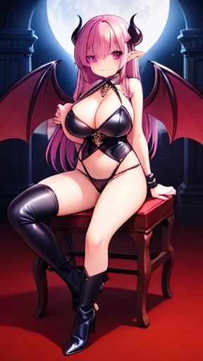 Detailed and realistic CG, colorful, masterpiece, highest quality, eyes like jewels, 1 girl, alone, pretty girl, pink hair, long hair, Succubus, bat wings, Succubus horns, huge breasts, saggy breasts, cleavage, purple eyes, shining eyes,  Succubus's  latex long boots,Succubus's costume, floating, from below, sadistic smile, castle at night, blue Moon,sitting chair,full body