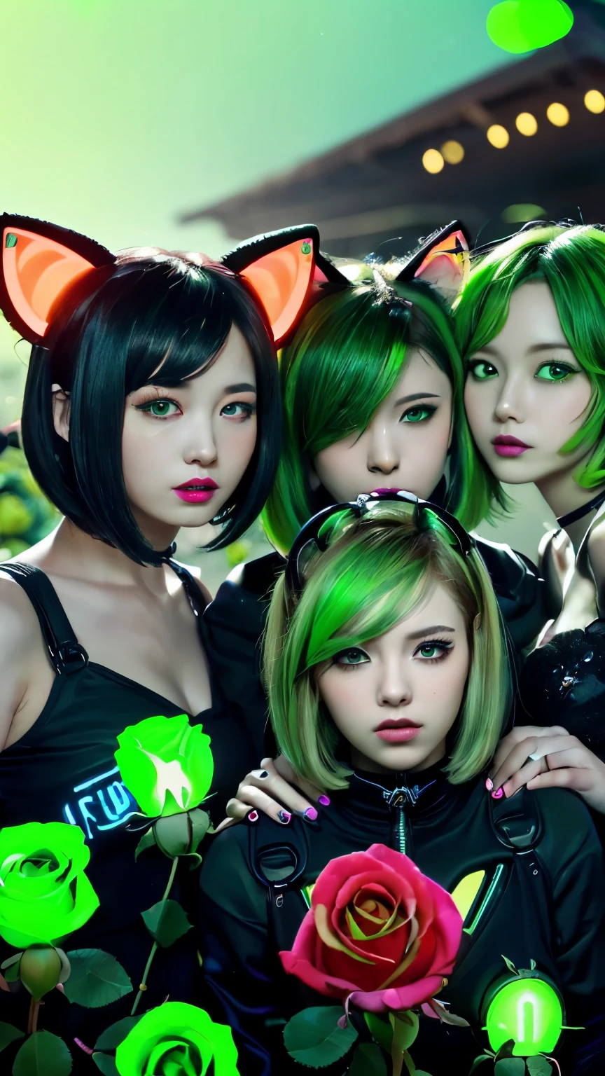 (Emo art:1.6), masterpiece, 4k, Bokeh, beautiful face, (multiple girls:1.6), Harem, (group photo:1.6), (Cat ear:1.3), (Neon green medium bob hair:1.4), (Neon green theme:1.6), looking at the viewer, ( green roses:1.4), (green Light backgrounds:1.5), (steam punk)
