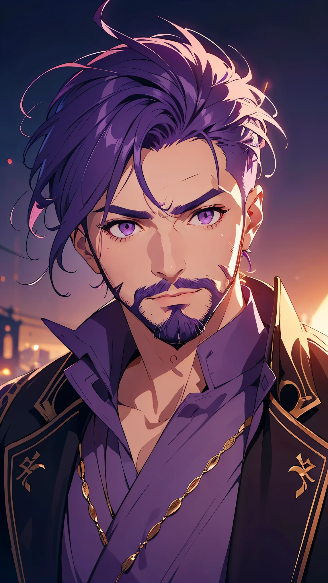 Arabic man1,male,(purple hair,spike hairstyle,Stubble Beard ,purple eyes),upper body, ( Arabic costume for man),highly detailed CG, unit, 8K wallpapers, highest quality, high resolution, beautiful lighting, realistic shadow,detailed face Highly,detailed eyes Highly,detailed hair Highly