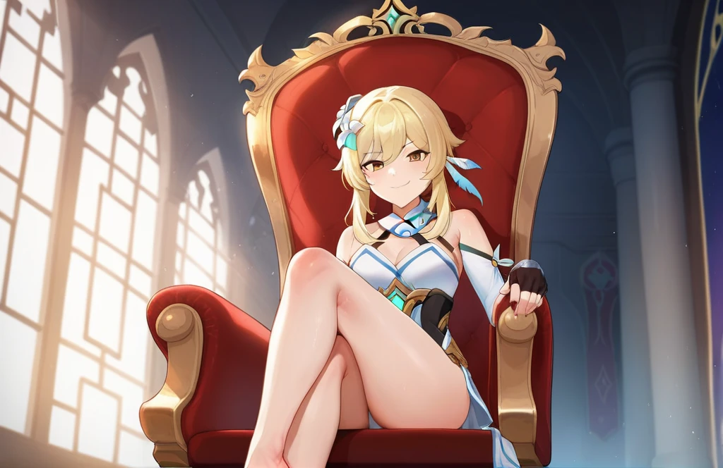score_9, score_8_up, score_7_up, score_6_up, source_anime, BREAK by ikuchan kaoru, iku, clean color, flat color,1girl, genshin impact, lumine genshin impact, indoors, castle, princess, crown, femdom, barfeet, foot on viewer, sitting on throne, dominant, smug, smug grin, ((closed mouth)), solo