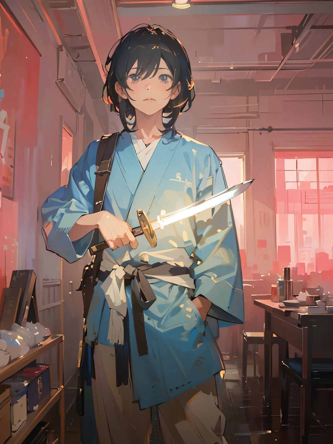(Masterpiece, Best Quality, Ultra Detailed: 1.6), Illustration,clear water samurai man