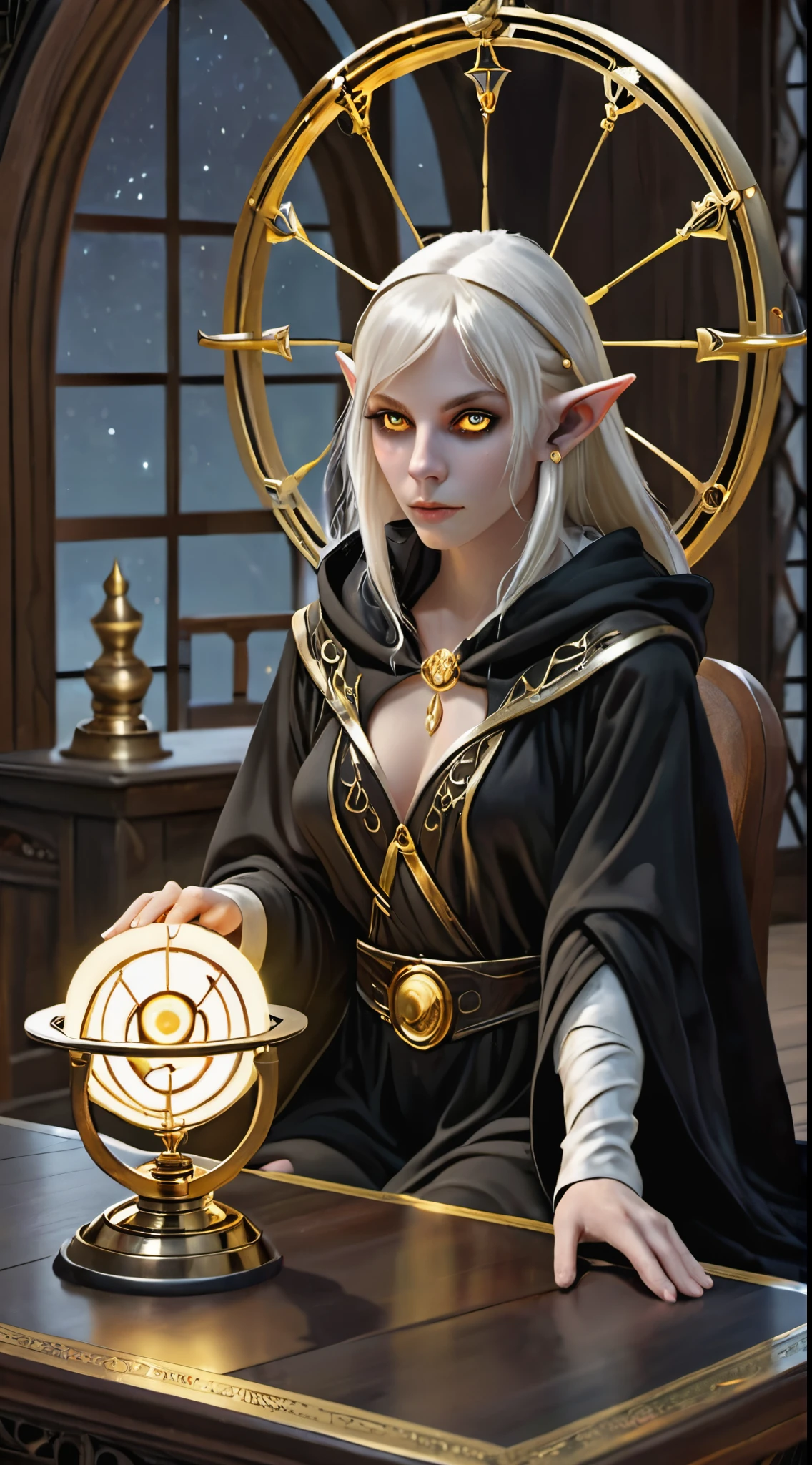 masterpiece, best quality, 1girl, elf, platinum blonde hair, black robe, hooded robe, sitting across table, orrery, mystic, gold trim, looking at viewer, glowing eyes